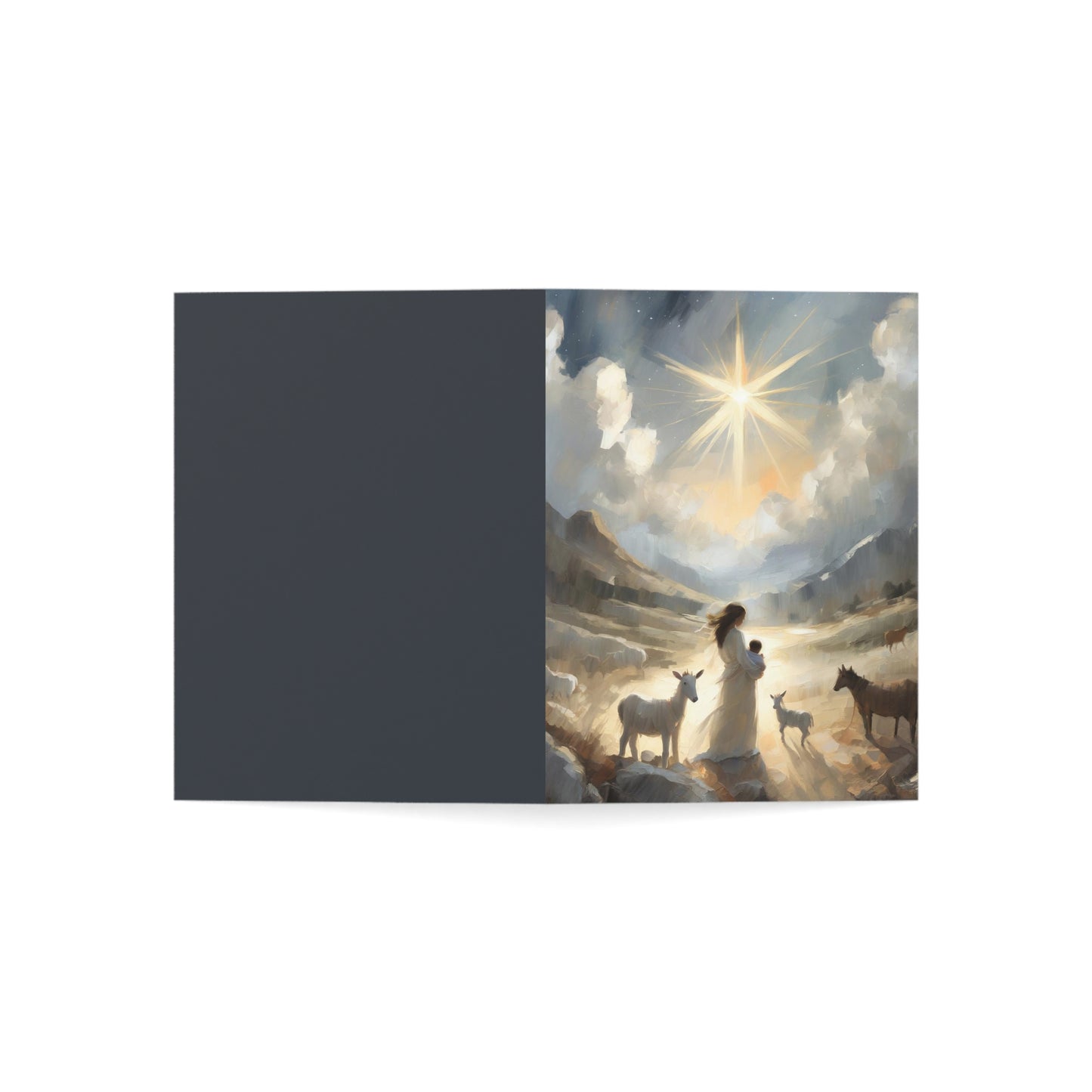 A beautiful depiction of young mother Mary of the Christ-child in soft neutral hues full of glory and light. Part of the "Night of Light" series by H. Walker PhotoArt. Follow for more Christian artwork @thelightgallery_ or shop www.shopthelightgallery.com All cards come with envelopes.