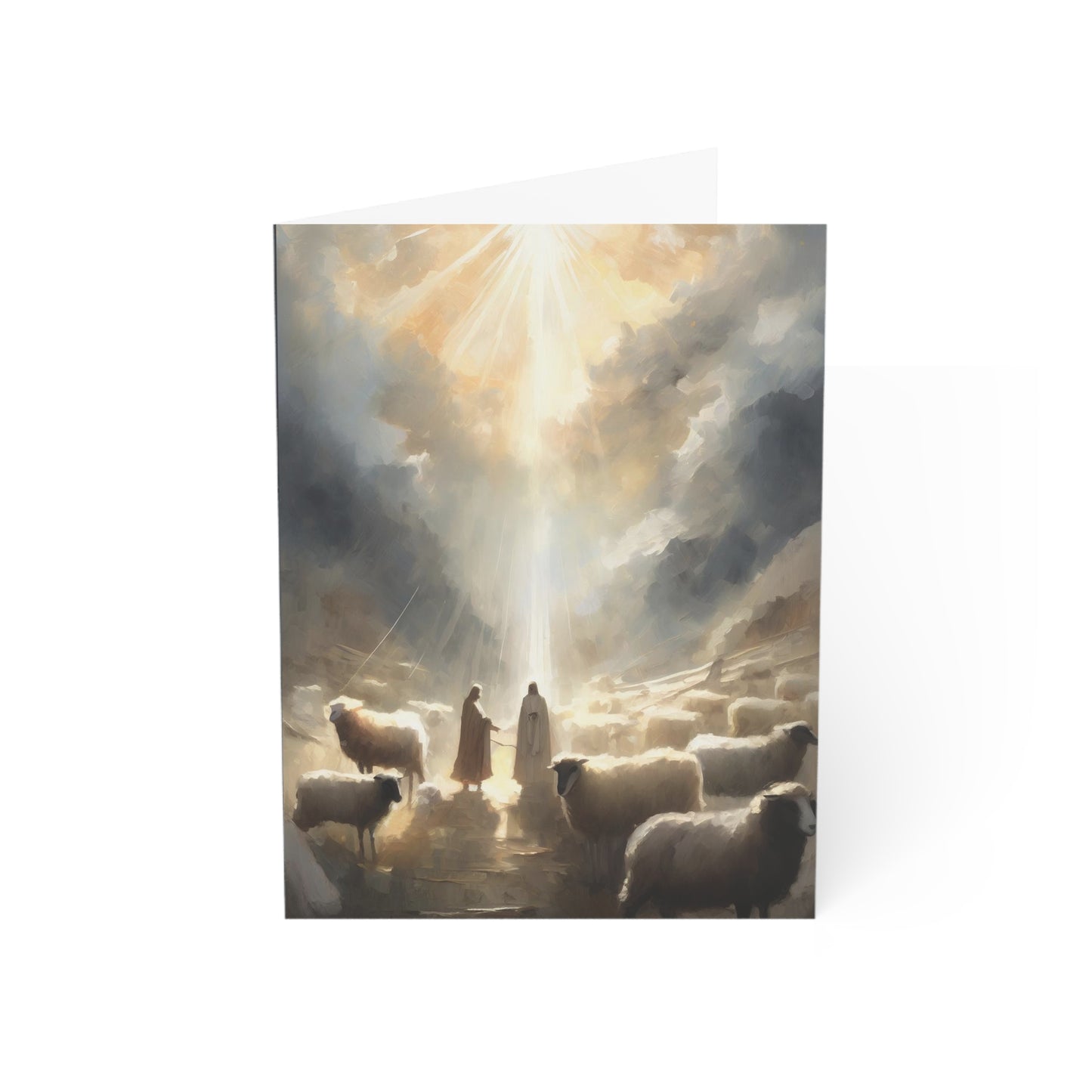 A beautiful depiction of the faithful shepherds of old who followed after the Christ-child, in soft neutral hues full of glory and light. Part of the "Night of Light" series by H. Walker PhotoArt. Follow for more Christian artwork @thelightgallery_ or shop www.shopthelightgallery.com All cards come with envelopes.