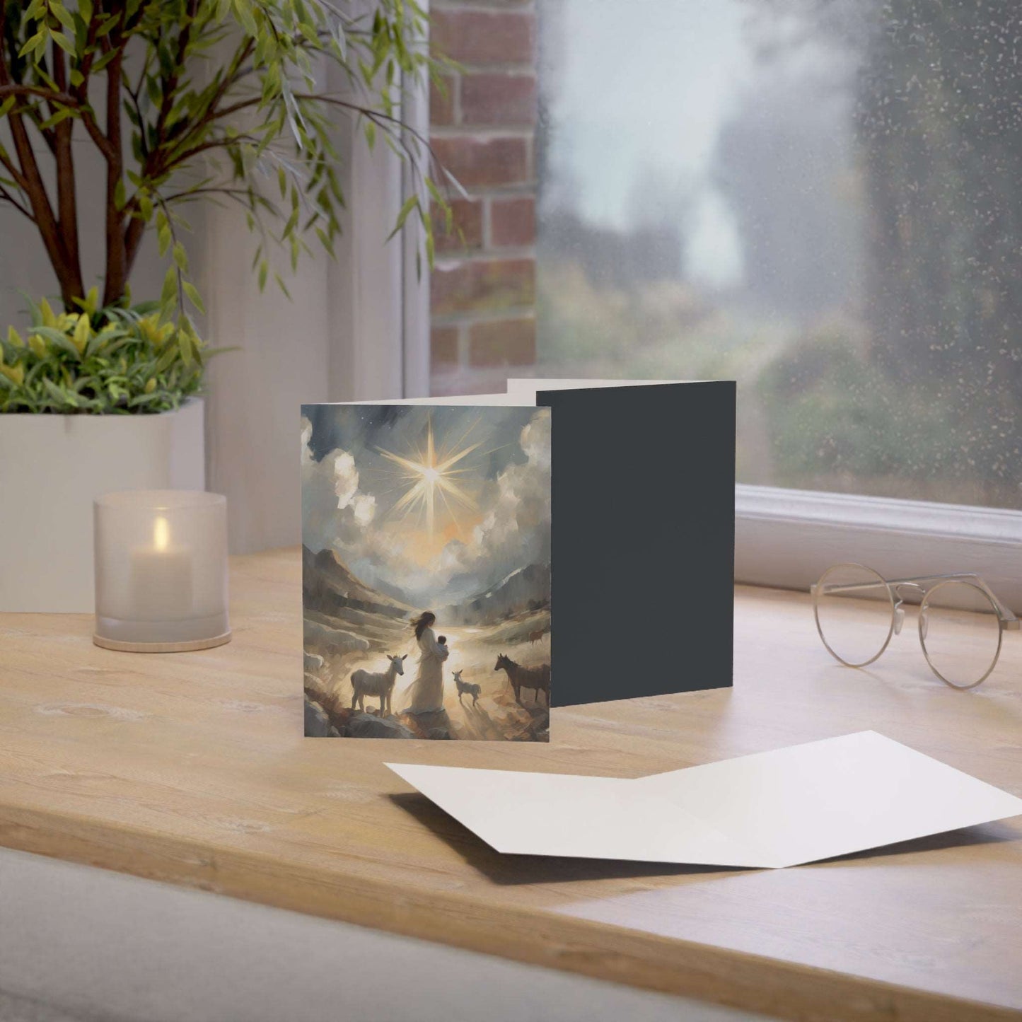A beautiful depiction of young mother Mary of the Christ-child in soft neutral hues full of glory and light. Part of the "Night of Light" series by H. Walker PhotoArt. Follow for more Christian artwork @thelightgallery_ or shop www.shopthelightgallery.com All cards come with envelopes.