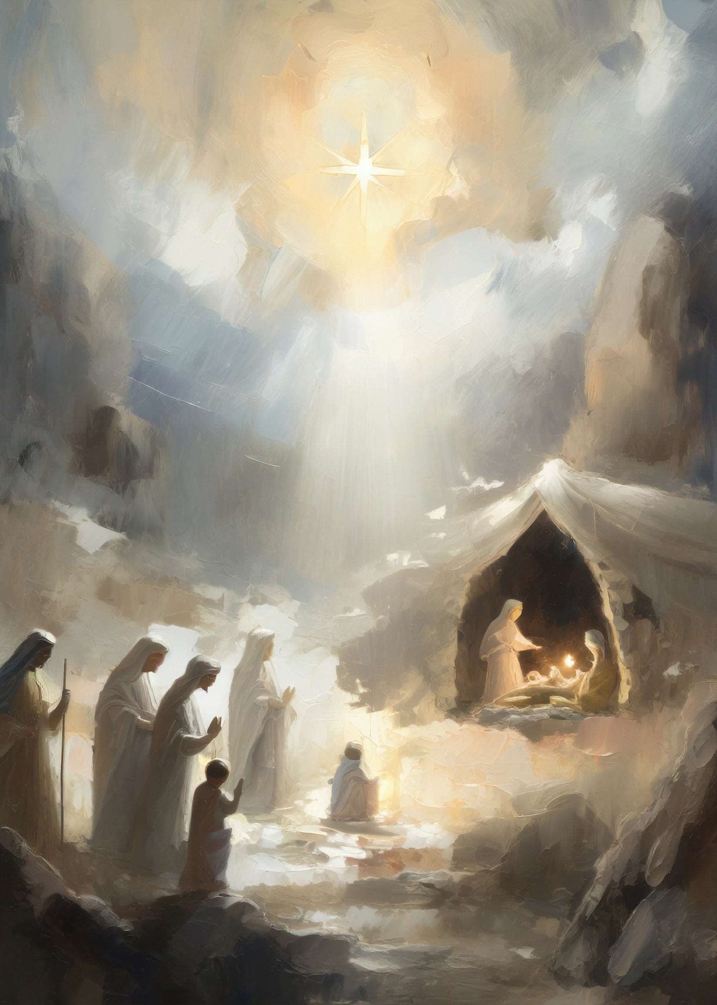 Christmas digital art print distant perspective of the Nativity scene. Light, serenity and peace depicted at the birth of Christ. Beautiful hung in any room on its own or paired with the entire "Night of Light" collection!
