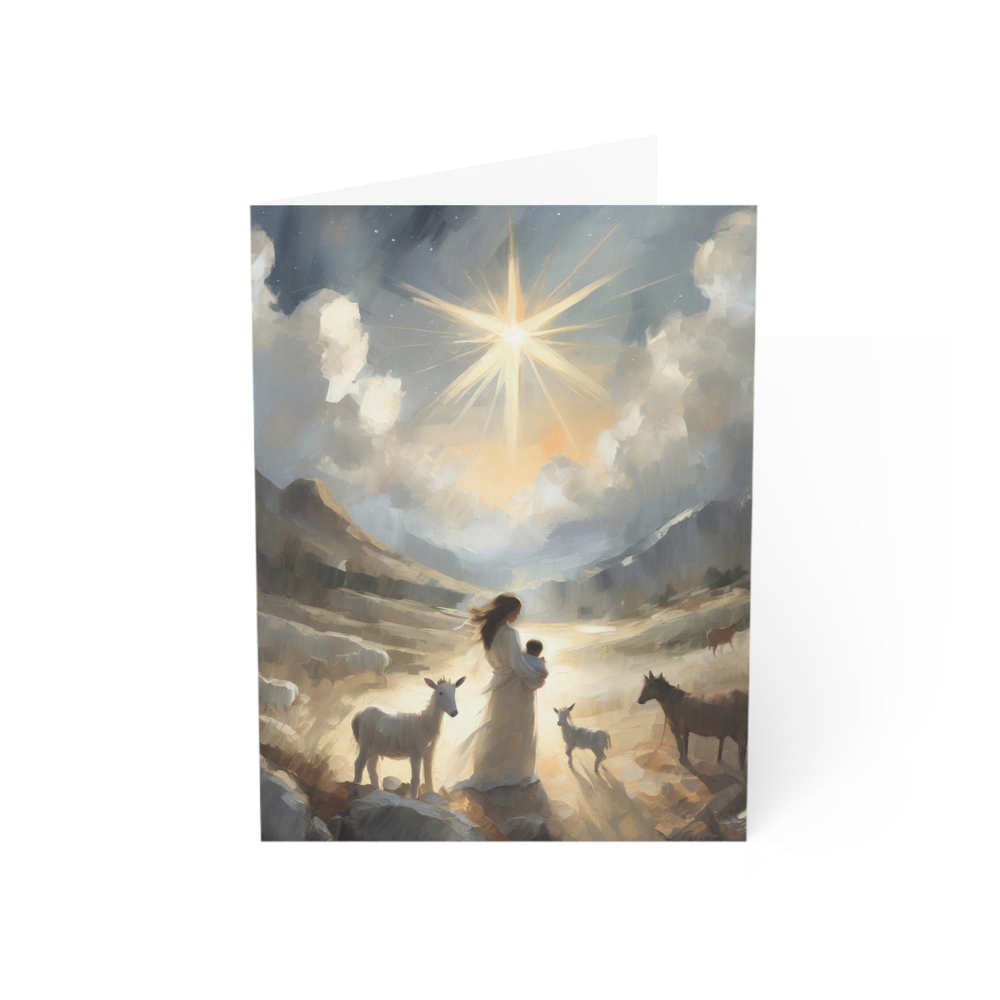 A beautiful depiction of young mother Mary of the Christ-child in soft neutral hues full of glory and light. Part of the "Night of Light" series by H. Walker PhotoArt. Follow for more Christian artwork @thelightgallery_ or shop www.shopthelightgallery.com All cards come with envelopes.