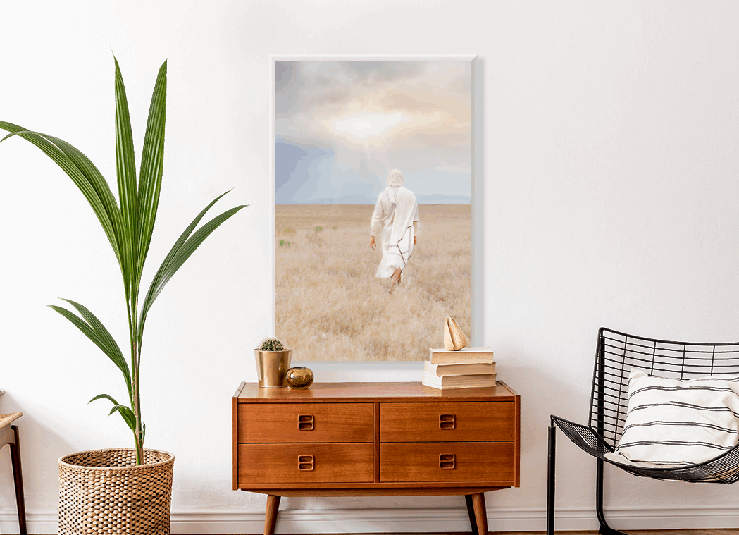 Infusing light into any space, this portrait of Christ embodies a brightness of hope and kindness. Calming hues of neutral colors compliment all types of home decor. Modern minimalist portrait of Jesus Christ for your Christian home or as the perfect gift for someone you love. H. Walker @thelightgallery_