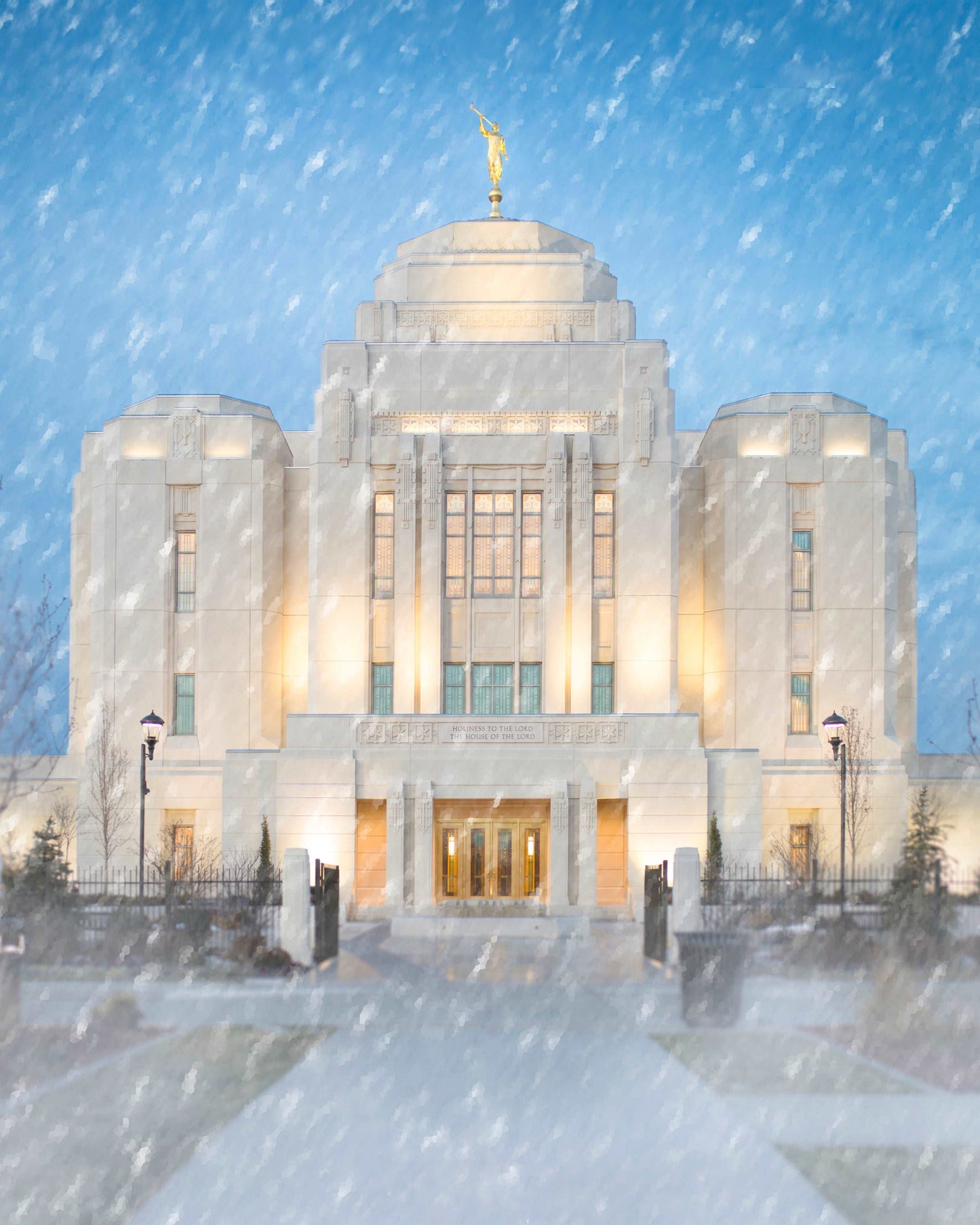 Winter Snow Meridian Temple LDS Portrait- white Temple, Blue night sky, Falling Snow. "Silent Snowy Night" Gift. Christmas.