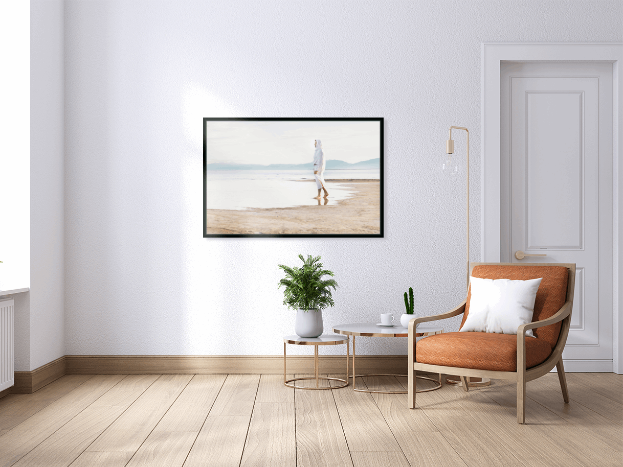 Christ on the seashore, calming still water and grey, blue, sandy neutral hues. Serene landscape of the contemplative Christ bringing calm to any room. A beautiful portrait of the Savior by H. Walker Photoart. The Prince of Our Peace is the perfect addition to any room. Religious Art.