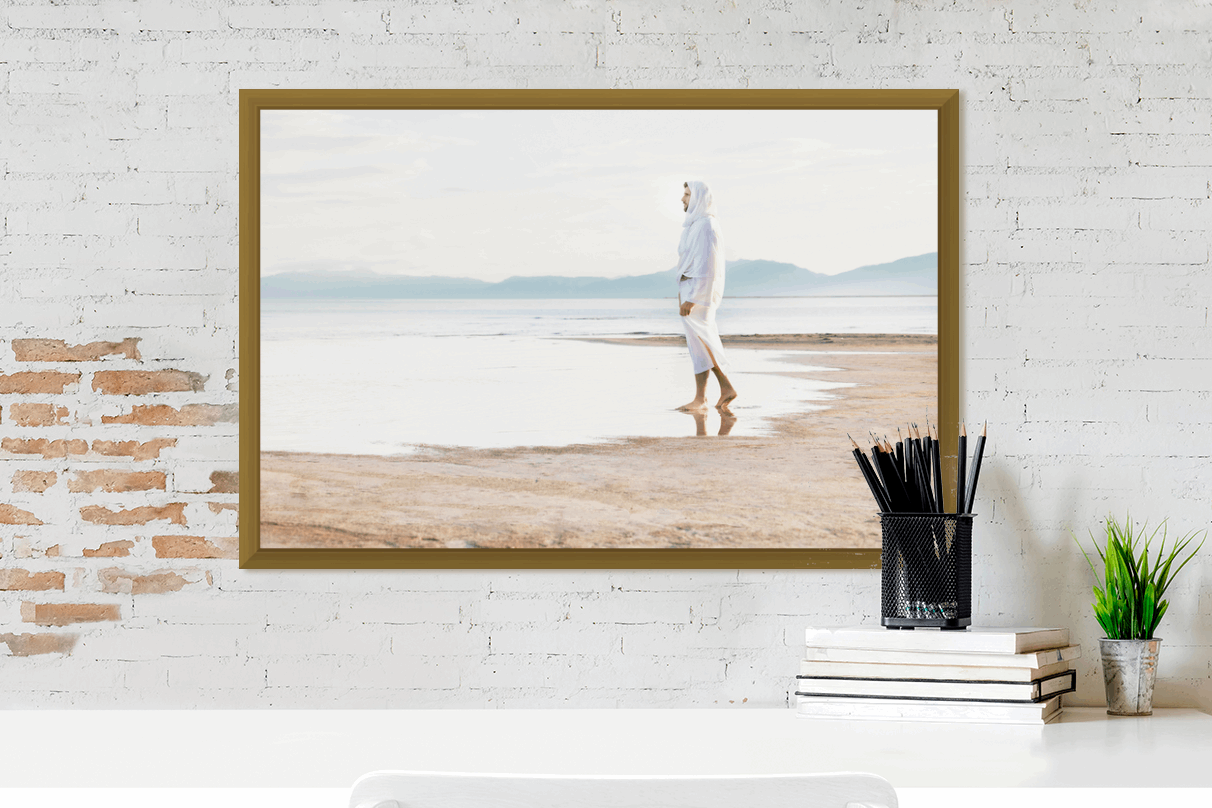 Christ on the seashore, calming still water and grey, blue, sandy neutral hues. Serene landscape of the contemplative Christ bringing calm to any room. A beautiful portrait of the Savior by H. Walker Photoart. The Prince of Our Peace is the perfect addition to any room. Religious Art.