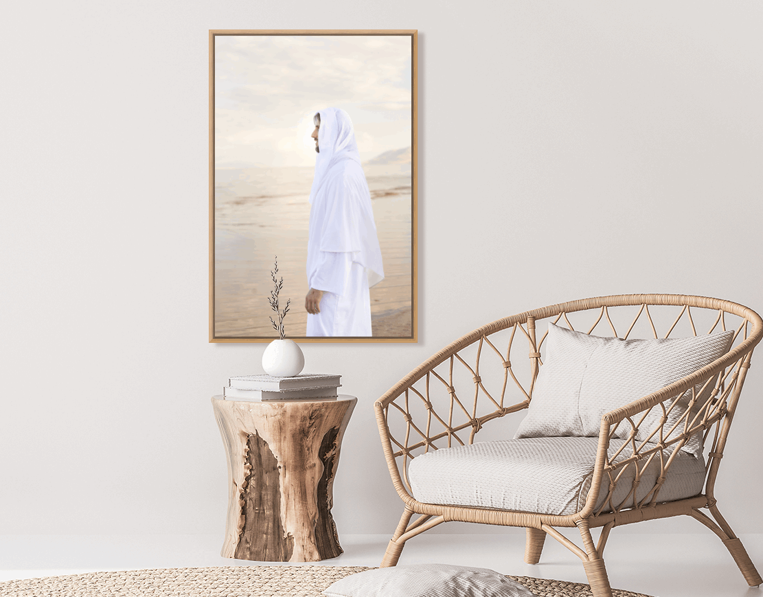 Infusing light into any space, this portrait of Christ embodies a brightness of hope and kindness. Calming hues of neutral colors compliment all types of home decor. Modern minimalist portrait of Jesus Christ for your Christian home or as the perfect gift for someone you love. H. Walker @thelightgallery_