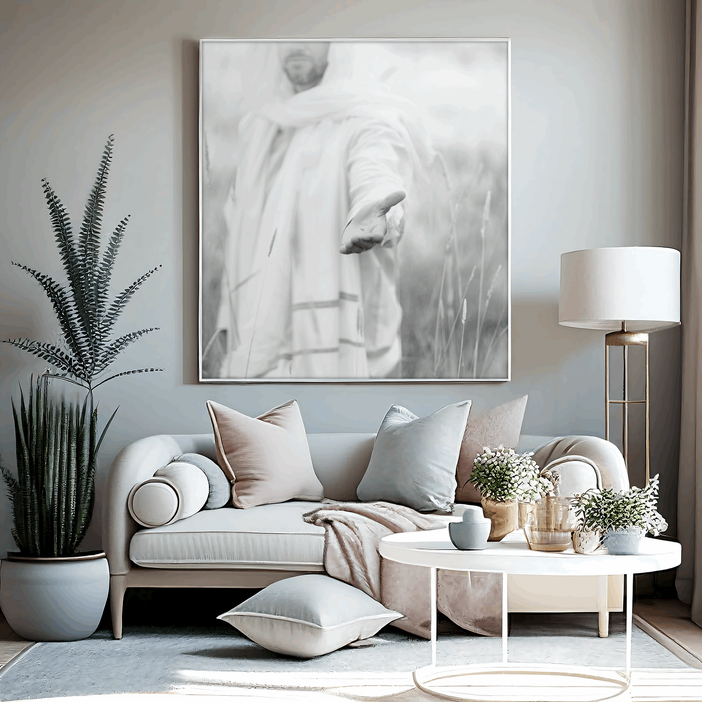 Infusing light into any space, this portrait of Christ embodies a brightness of hope and kindness. Calming hues of neutral colors compliment all types of home decor. Modern minimalist portrait of Jesus Christ for your Christian home or as the perfect gift for someone you love. H. Walker @thelightgallery_