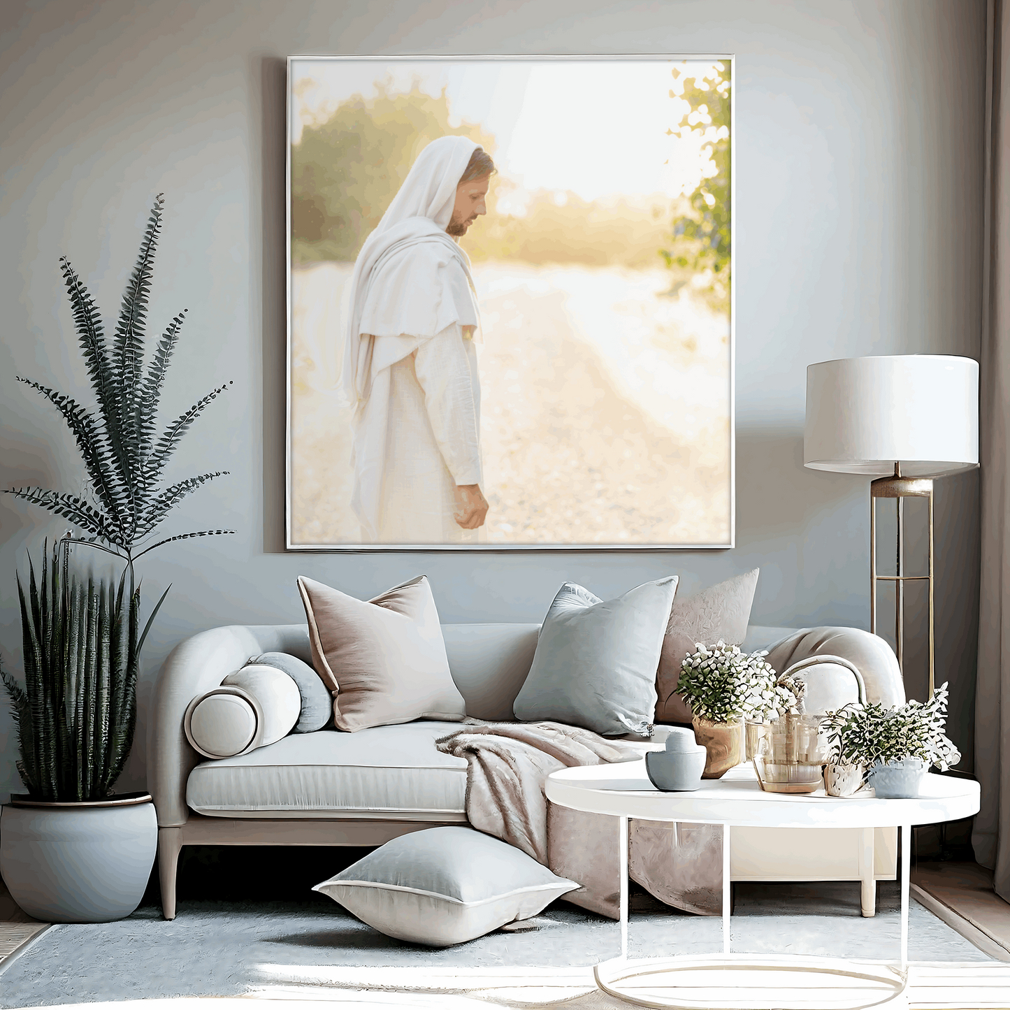 Infusing light into any space, this portrait of Christ embodies a brightness of hope and kindness. Calming hues of neutral colors compliment all types of home decor. Modern minimalist portrait of Jesus Christ for your Christian home or as the perfect gift for someone you love. Portrait by H. Walker Photoart @thelightgallery_