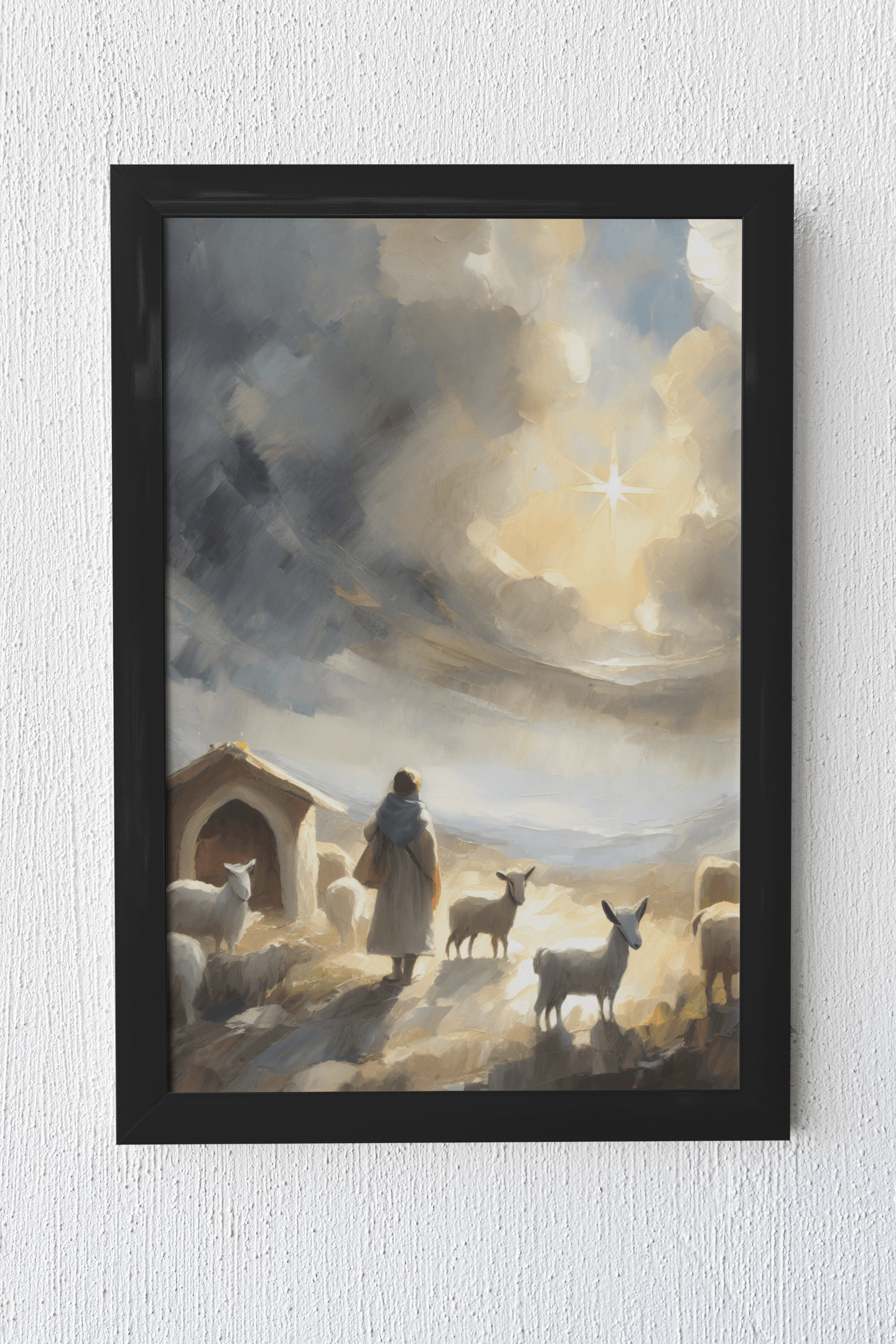young shepherd boy in bethlehem looking at the star leading to baby jesus in the manger