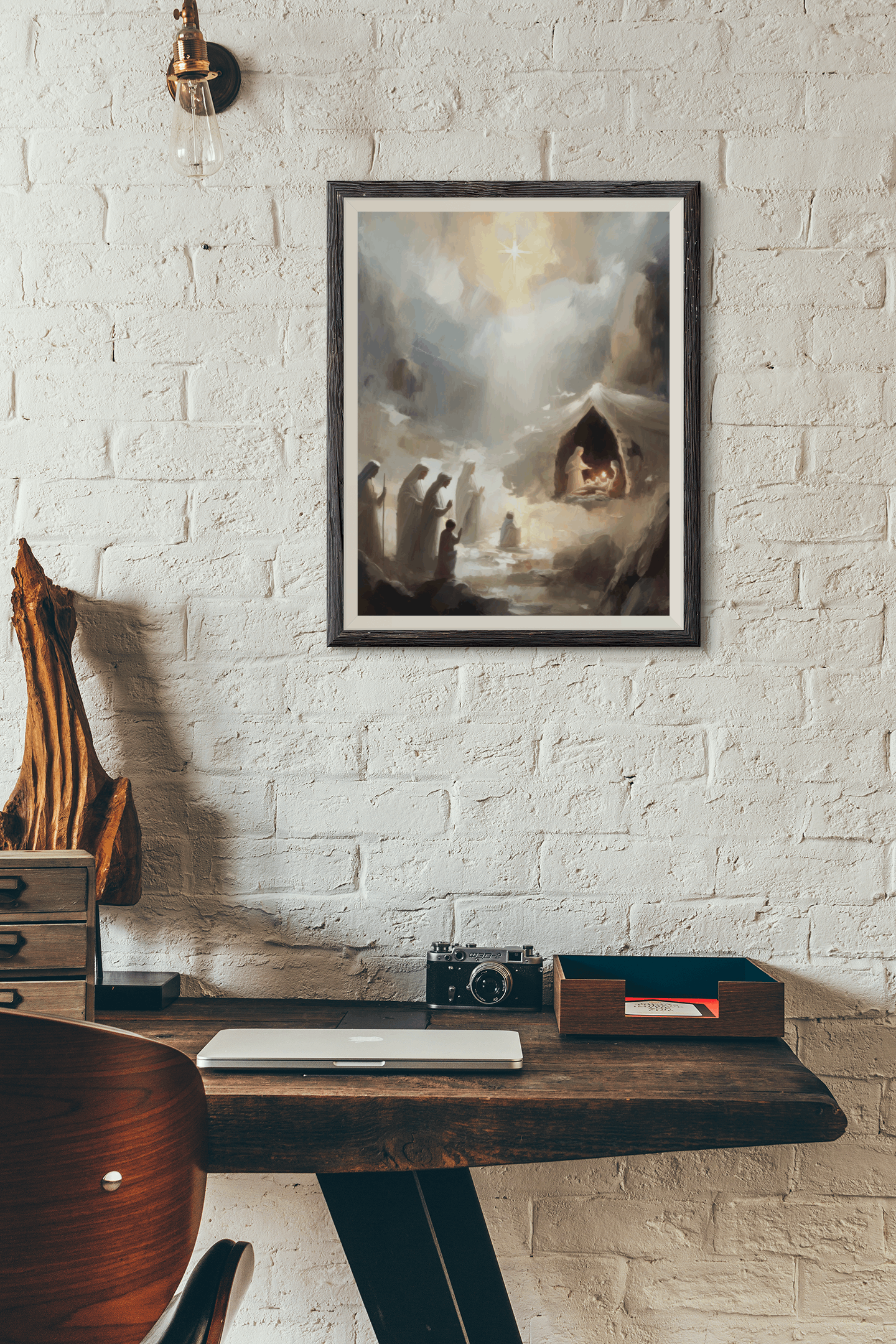 Christmas digital art print distant perspective of the Nativity scene. Light, serenity and peace depicted at the birth of Christ. Beautiful hung in any room on its own or paired with the entire "Night of Light" collection!