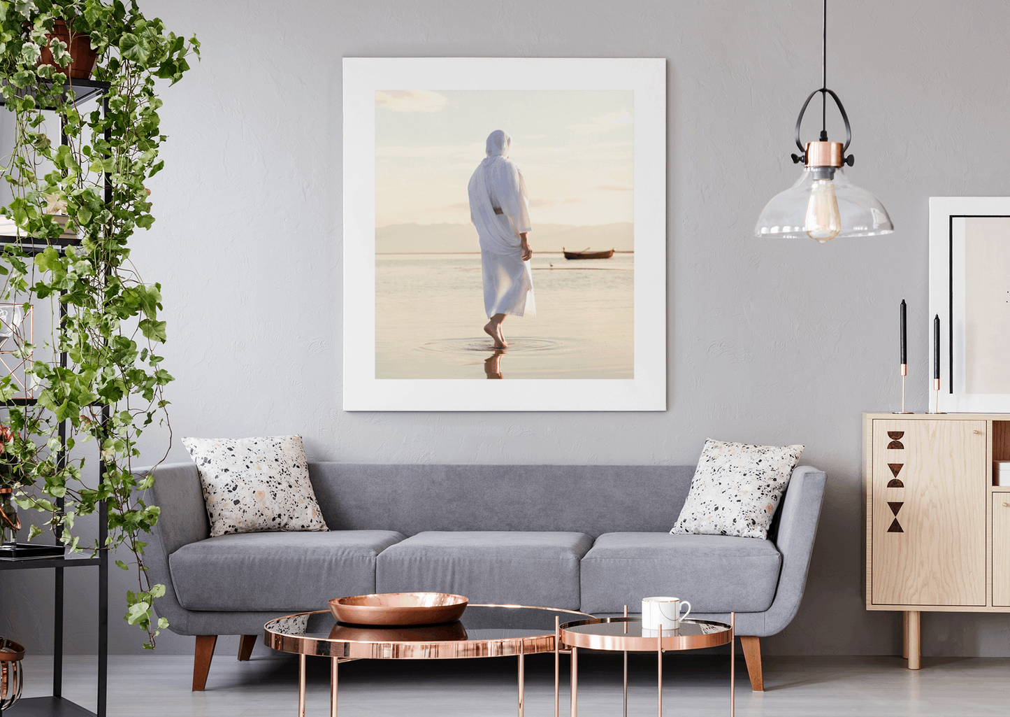 Infusing light into any space, this portrait of Christ embodies a brightness of hope and kindness. Calming hues of neutral colors compliment all types of home decor. Modern minimalist portrait of Jesus Christ for your Christian home or as the perfect gift for someone you love. H. Walker @thelightgallery_
