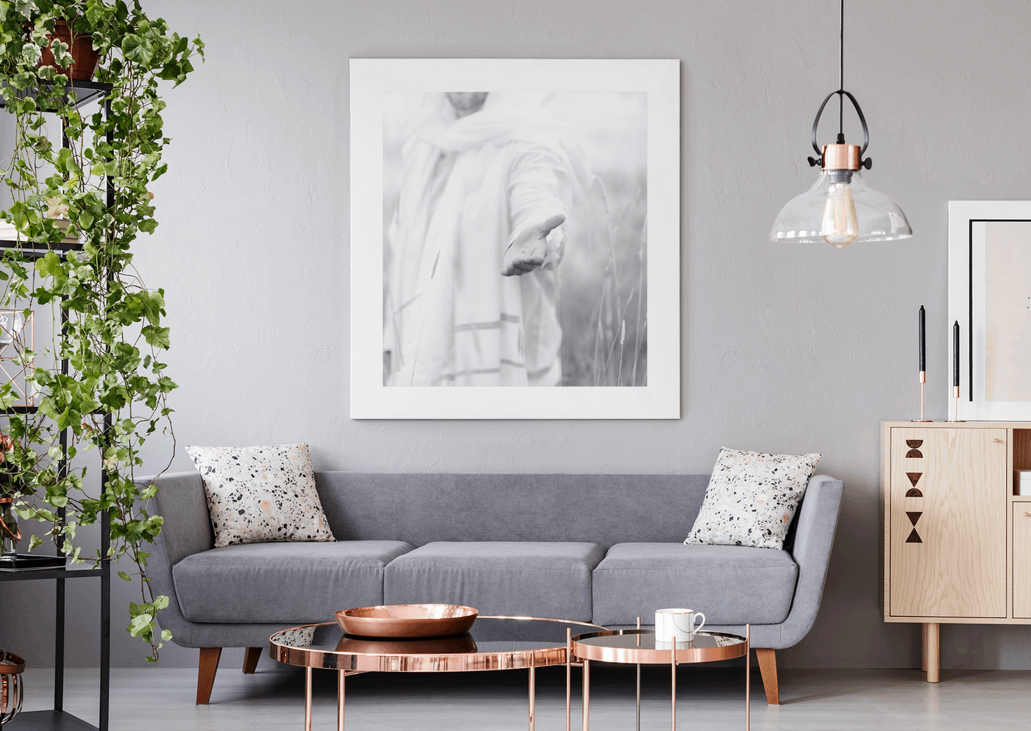 Infusing light into any space, this portrait of Christ embodies a brightness of hope and kindness. Calming hues of neutral colors compliment all types of home decor. Modern minimalist portrait of Jesus Christ for your Christian home or as the perfect gift for someone you love. H. Walker @thelightgallery_