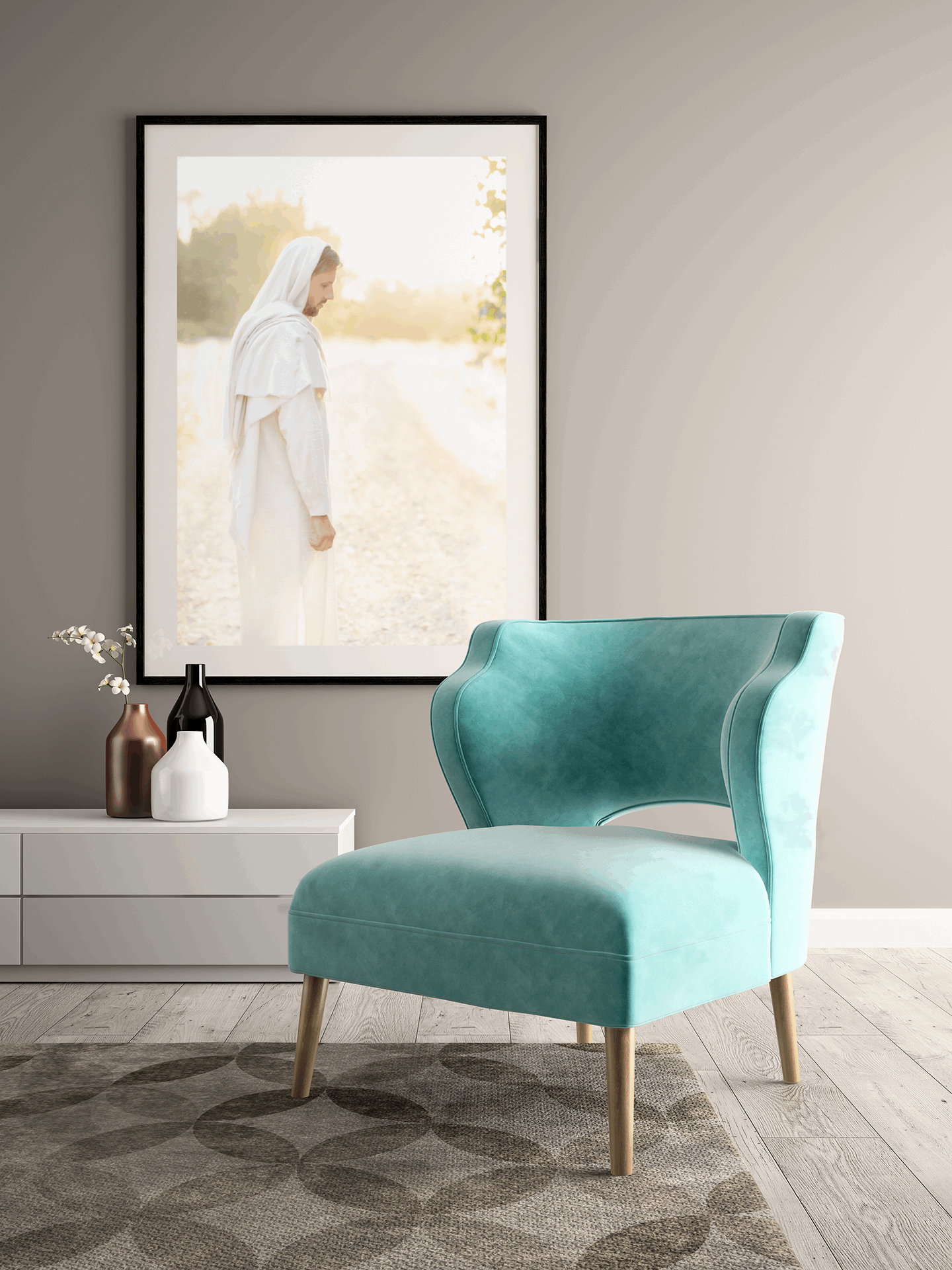 Infusing light into any space, this portrait of Christ embodies a brightness of hope and kindness. Calming hues of neutral colors compliment all types of home decor. Modern minimalist portrait of Jesus Christ for your Christian home or as the perfect gift for someone you love. Portrait by H. Walker Photoart @thelightgallery_