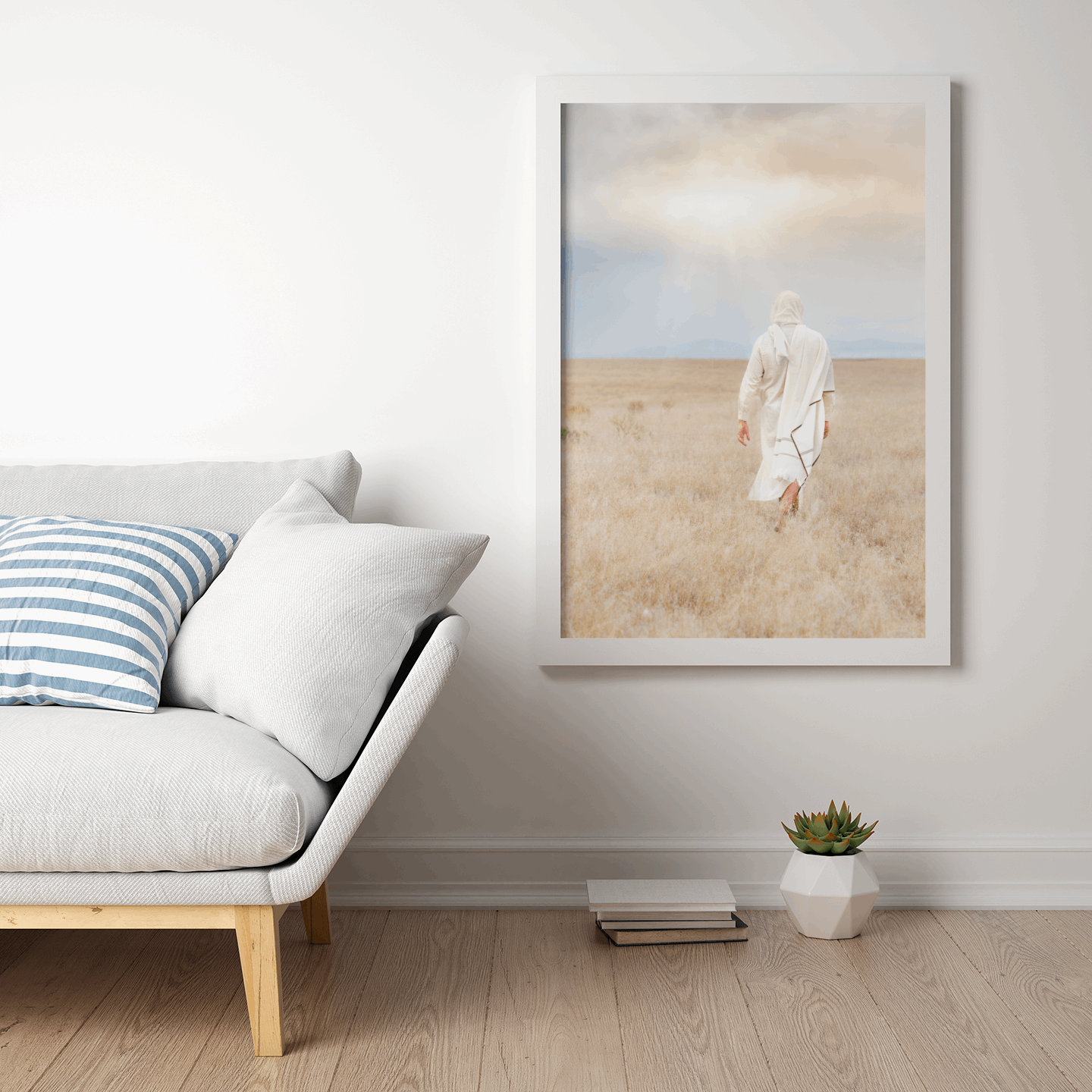 Infusing light into any space, this portrait of Christ embodies a brightness of hope and kindness. Calming hues of neutral colors compliment all types of home decor. Modern minimalist portrait of Jesus Christ for your Christian home or as the perfect gift for someone you love. H. Walker @thelightgallery_