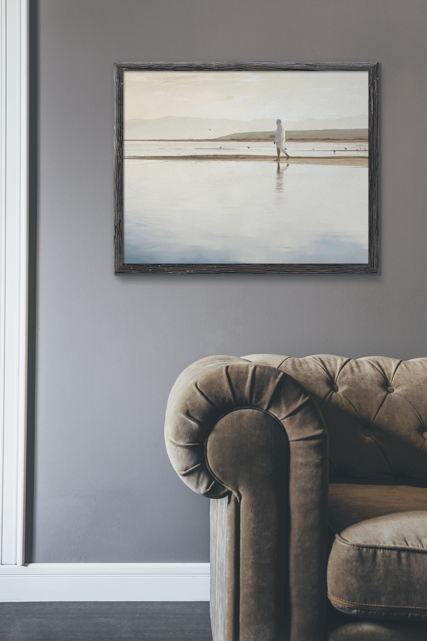 Infusing light into any space, this portrait of Christ embodies a brightness of hope and kindness. Calming hues of neutral colors compliment all types of home decor. Modern minimalist portrait of Jesus Christ for your Christian home or as the perfect gift for someone you love. Portrait by H. Walker Photoart @thelightgallery_