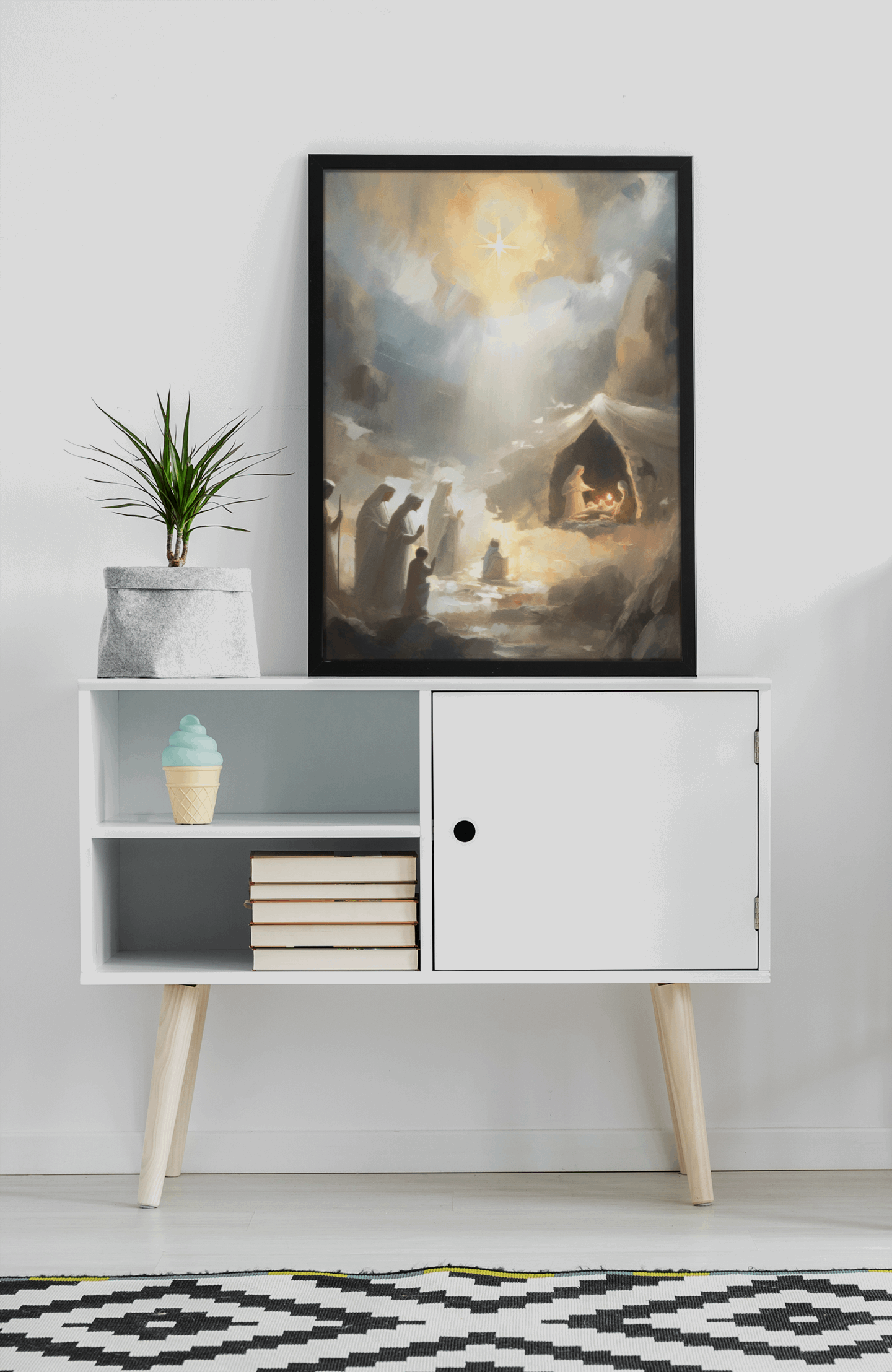 Christmas digital art print distant perspective of the Nativity scene. Light, serenity and peace depicted at the birth of Christ. Beautiful hung in any room on its own or paired with the entire "Night of Light" collection!
