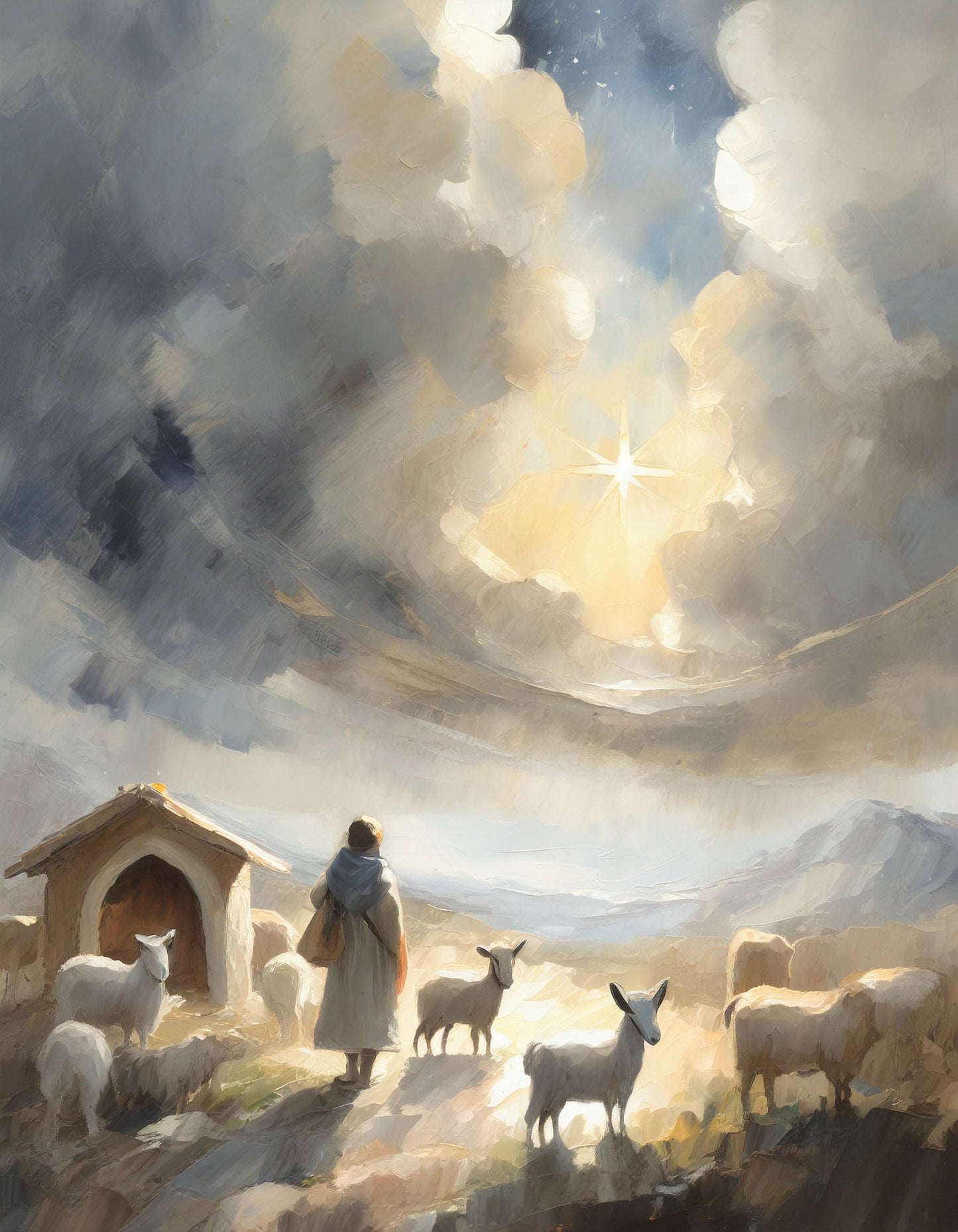 Christmas digital art print of the a young boy shepherd abiding in the field and witnessing the declaration of the birth of Christ. Beautiful hung in any room on its own or paired with the entire "Night of Light" collection! Digital art by H. Walker hwphotoart for @thelightgallery_