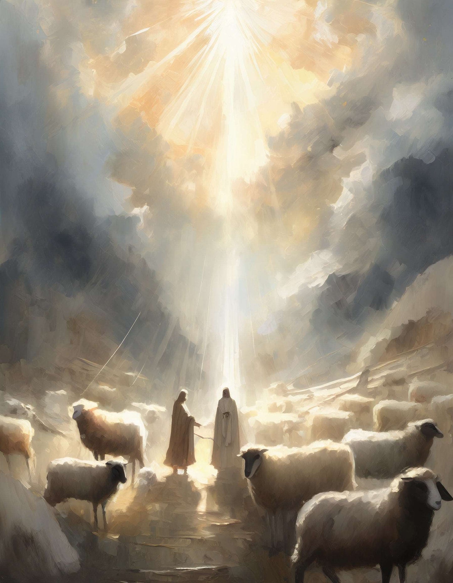 Christmas Nativity, Shepherds in field, angels, digital art by H. Walker