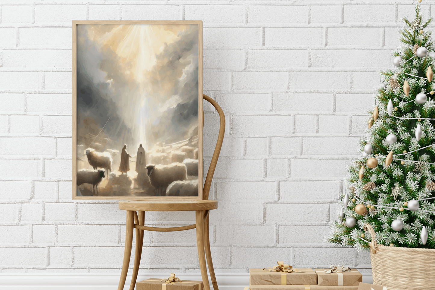 Christmas digital art print of the faithful shepherds abiding in the field and witnessing angels. Beautiful hung in any room on its own or paired with the entire "Night of Light" collection! Digital Art by H. Walker for @thelightgallery_