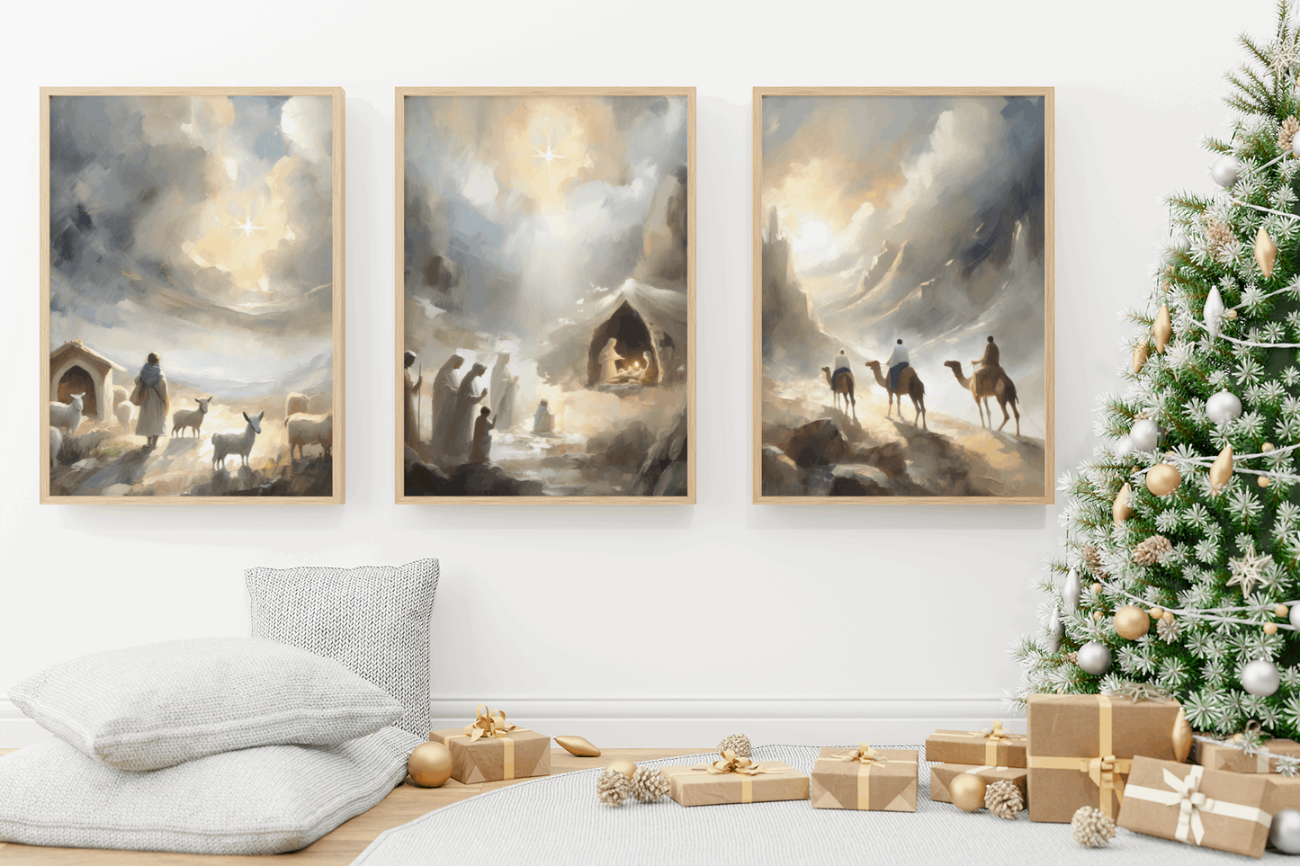 Christmas digital art print of the faithful shepherds abiding in the field and witnessing angels. Beautiful hung in any room on its own or paired with the entire "Night of Light" collection! Digital Art by H. Walker for @thelightgallery_